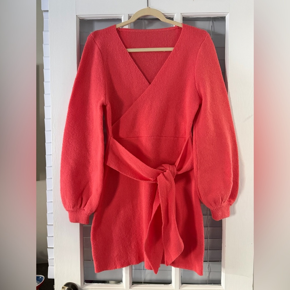 SHEIN Women’s L Coral Ribbed Surplice Sweater Dress W/ Belt |‎ SKU 0269